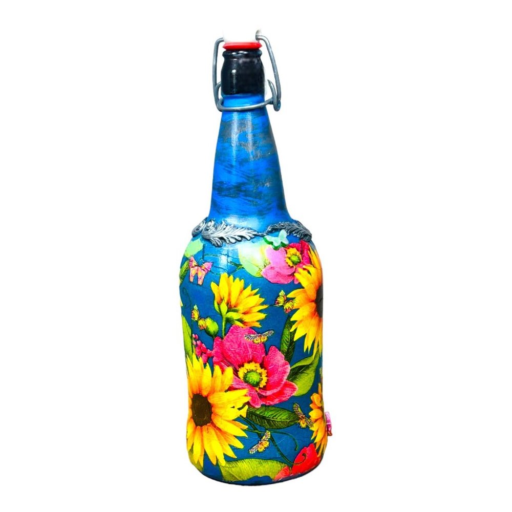 Hand Painted, Decoupaged and Molded Clay Grolsch-Style Bottle Poppy & Sunflowers - Picture 4 of 16